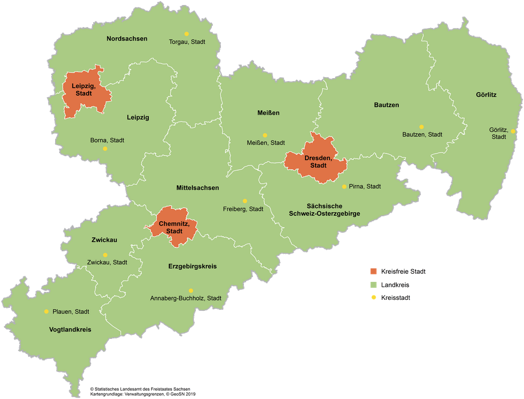 Sachsenkarte mit Landkreisen, Kreisstädten und kreisfreien Städten